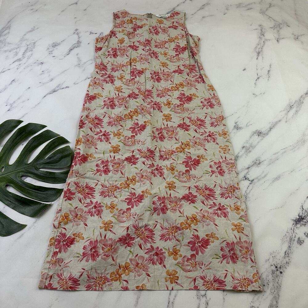 Casual Corner Womens Vintage Y2k Linen Maxi Dress Size L P Pink Tan Floral